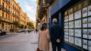 Pareja mirando los pisos anunciados en el escaparate de una inmobiliaria en una calle de Bilbao