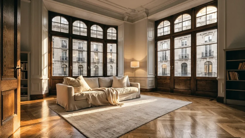 Salón de un piso señorial con miradores en Abando, Bilbao, preparado para la venta
